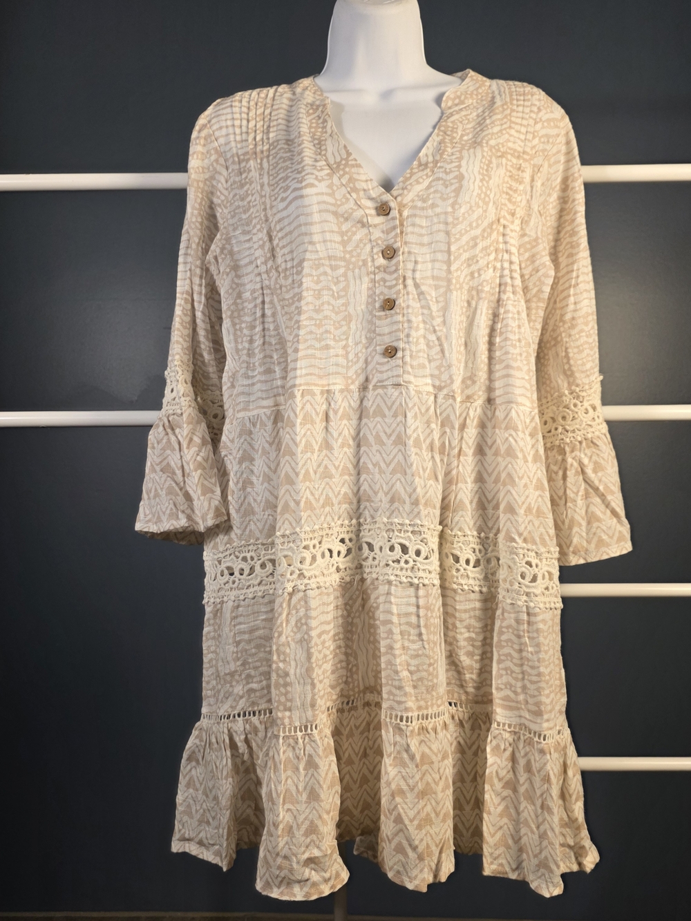Dotti Boho Beige & White Tiered Tunic Dress